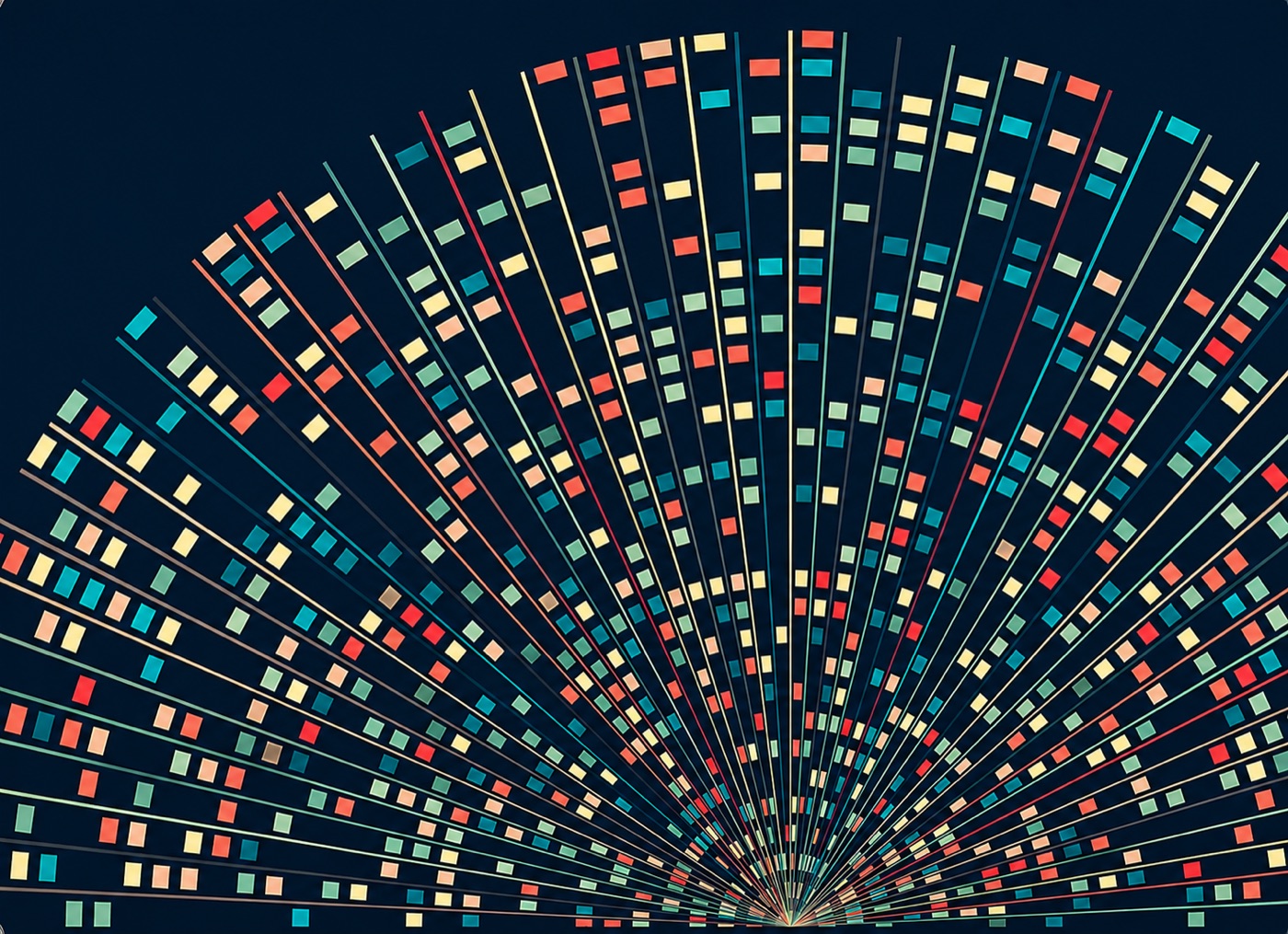 Abstract visualization of genomic sequencing data — colored markers fanning out from a central point